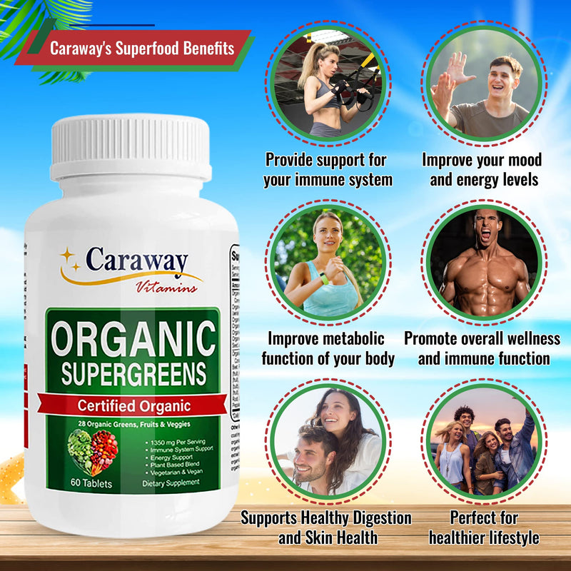 Organic Superfoods Vitamins Super Greens Complex by Caraway Vitamins 1,350 mg per Serving 28 Fruits Vegetables Greens 60 Count Tablets Non-GMO Natural for Men & Women