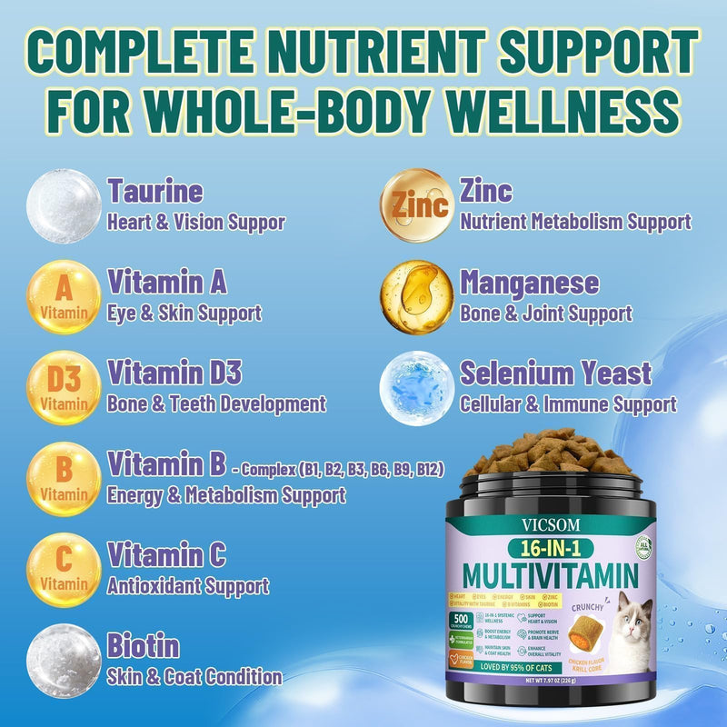 Taurine for Cats Vitamins Treats, 16 in 1 Cat Multivitamin 500 Crunchy & Krill Chews Support Immune, Joint, Digestion, Skin & Coat, Cat Vitamins Taurine Supplements for Daily Healthy (90-Day Supply)