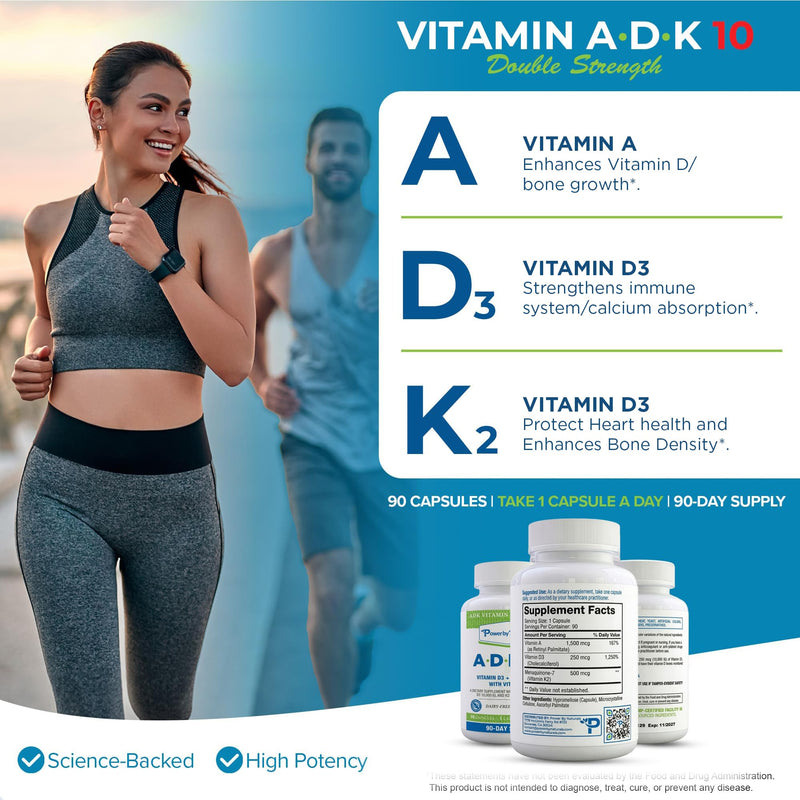 Power By Naturals ADK Vitamin Supplement – Vitamins A, D3 250 mcg & K2 MK-7 for Bone & Immune Health – Gluten-Free, Soy-Free – 180 Capsules, 2-Pack (6-Month Supply) 90 Count (Pack of 2)