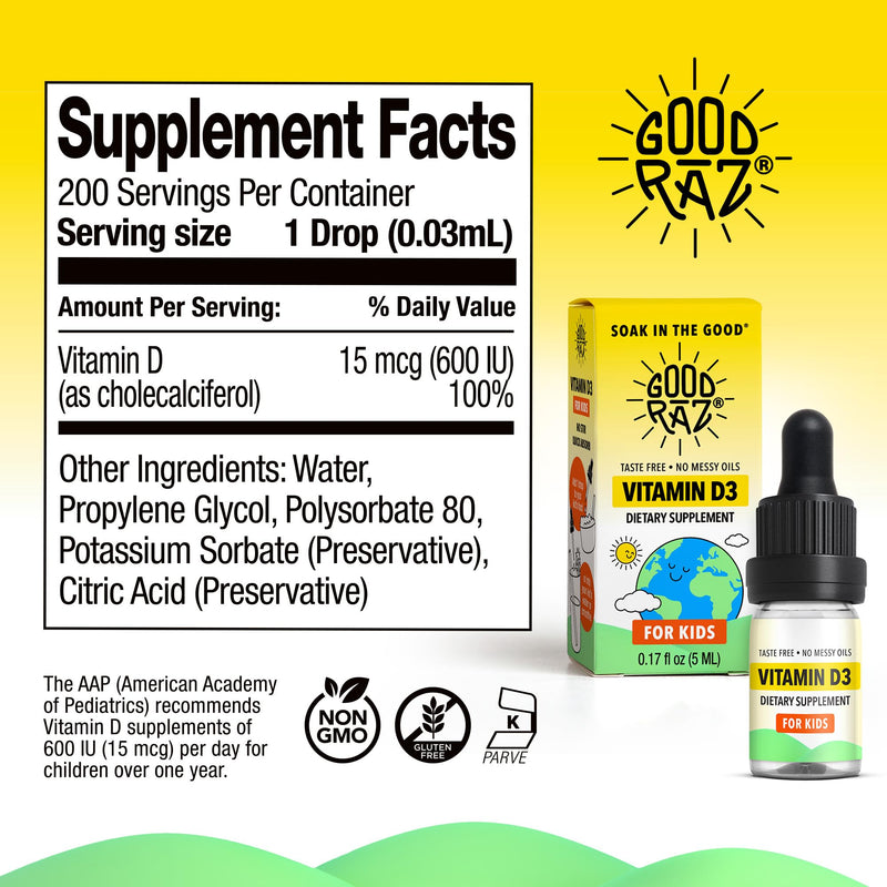 Good Rāz Vitamin D3 Drops for Kids 0.17 fl oz (5 ml) – Taste Free Liquid Dietary Supplement for Kids – Non-GMO, Gluten-Free, Kosher, Daily Liquid Vitamin in Easy Dropper Bottle