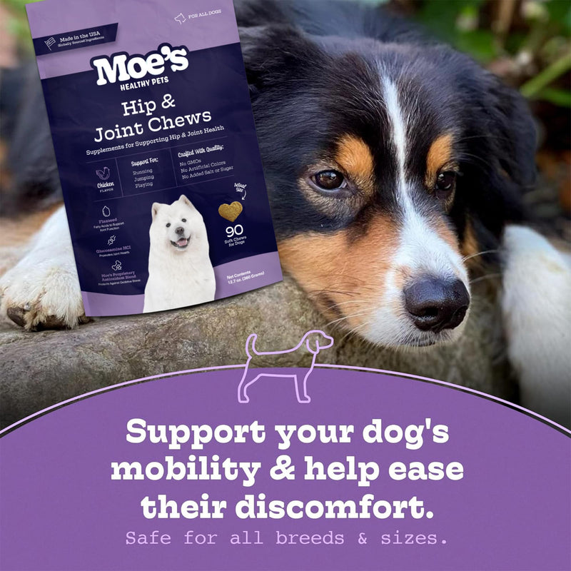 Moe's Glucosamine Dog Joint Supplement + Glucosamine, Chondroitin, Hyaluronic Acid, Vitamin C, E – Bone Health - Joint Pain Relief - Advanced Hip & Joint Care - 90 Chews - Made in USA – All Breeds - PawsPlanet Australia