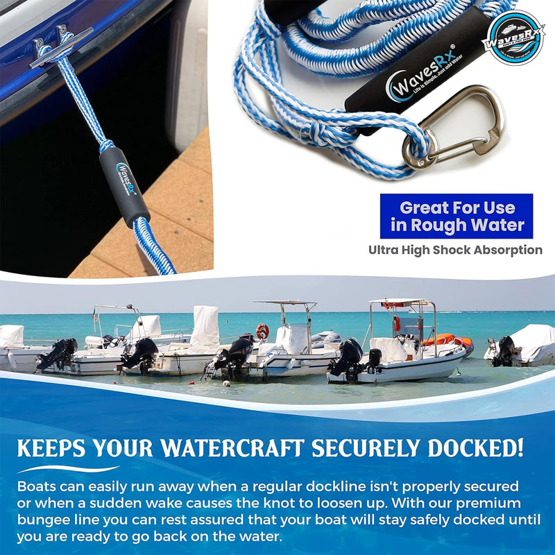 WAVESRX DockingPal - Premium Bungee Dock Line for Boats & PWC | Elastic Mooring Rope Stretches to Absorb Shocks & Prevent Damage to Your Watercraft | Safer Docking for Your Boat, Jet Ski, Pontoon 6'-8" (2PK) + Carabiner - BeesActive Australia