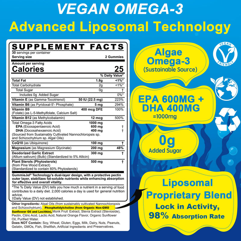 Omega-3 Gummies + CoQ10+ Magnesium- EPA 600mg & DHA 400mg, Fish Oil Omega 3 Supplements Alternative for Women Men Adults - from Vegan Algae Oil- Liposomal Form - with Plant Sterols, Garlic, Sugar Free 60 Count (Pack of 1)