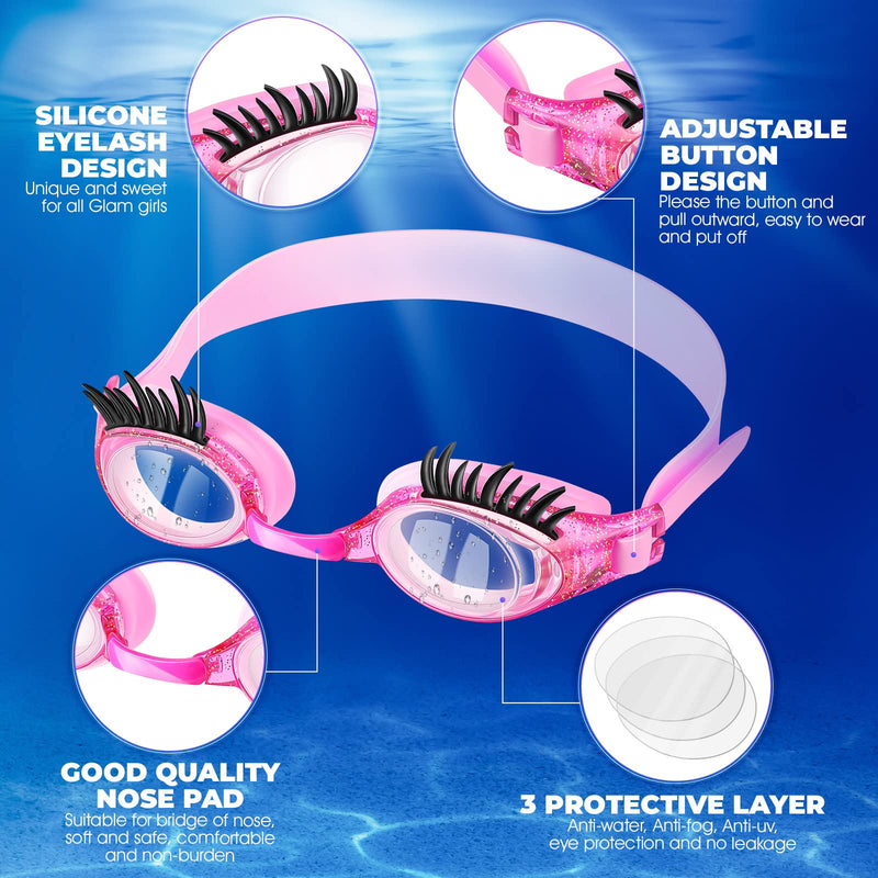 Konohan 2 Pieces Kids Swim Goggles Eyelashes Girls Funny Swim Goggle No Slip Leak Anti Fog UV Glasses for Lash Extensions 1 Purple, Dark Pink