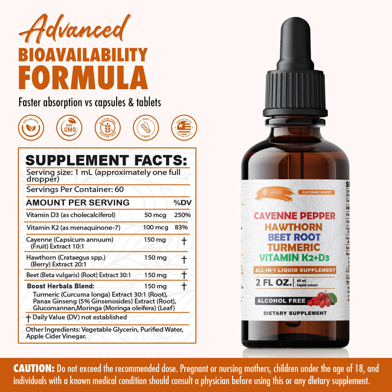 Cayenne Pepper Drops with Hawthorn Beet Root Turmeric Vitamin K2+D3 Liquid Supplement, Alcohol Free, 2 FL OZ, 60 Servings