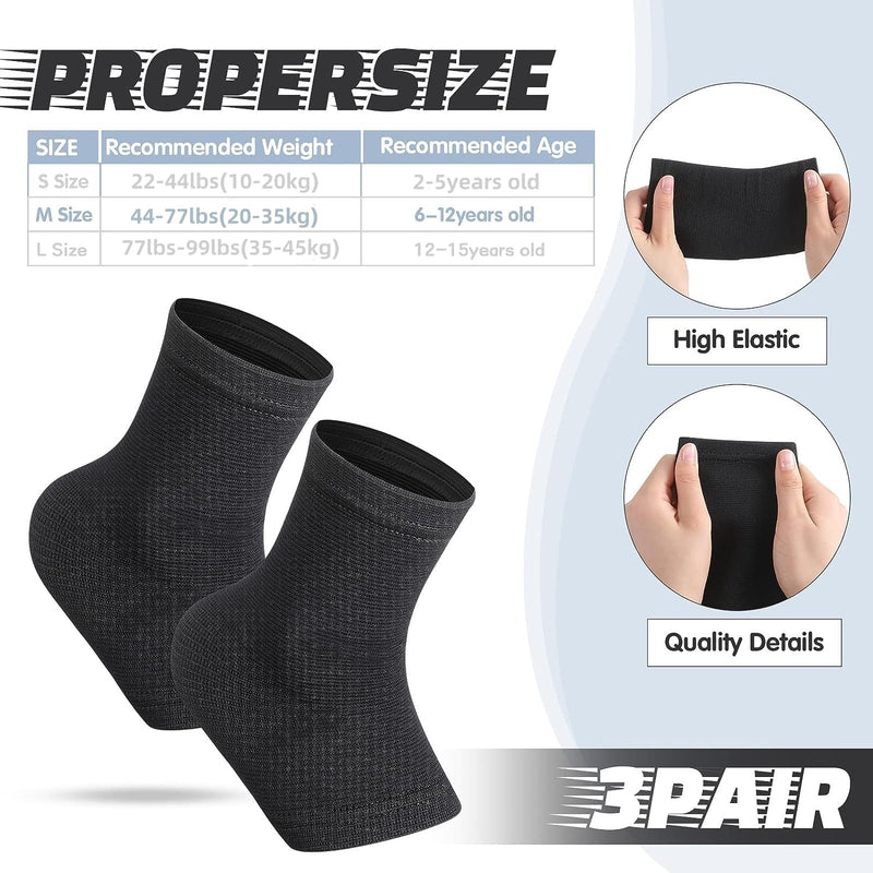 Tarpop 3 Pair Ankle Compression Sleeves for Kids Ankle Brace Compression Sleeves Foot Arch Sock for Girls Sports Running Dance Fitness Gymnastics(Black,Medium) Medium Black