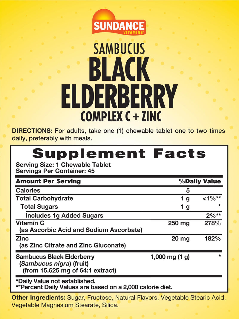 Sundance Sambucus Black Elderberry Complex | with Vitamin C and Zinc | 45 Chewable Tablets | Berry Flavor | Vegetarian, Non-GMO, and Gluten Free Supplement