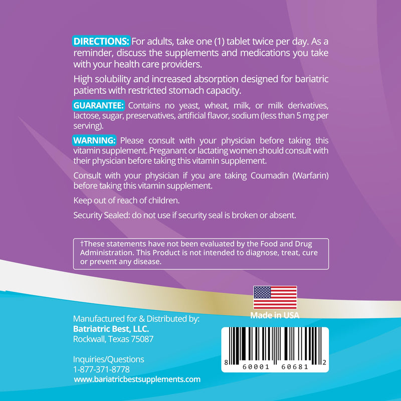 High ADEK Bariatric Multivitamin | DS, SADI & BPD/DS Surgery | Fat-Soluble Vitamins A D E K | 25 Essential Nutrients | ASMBS Compliant | Made in USA | 60 Tablets — 1 Month Supply
