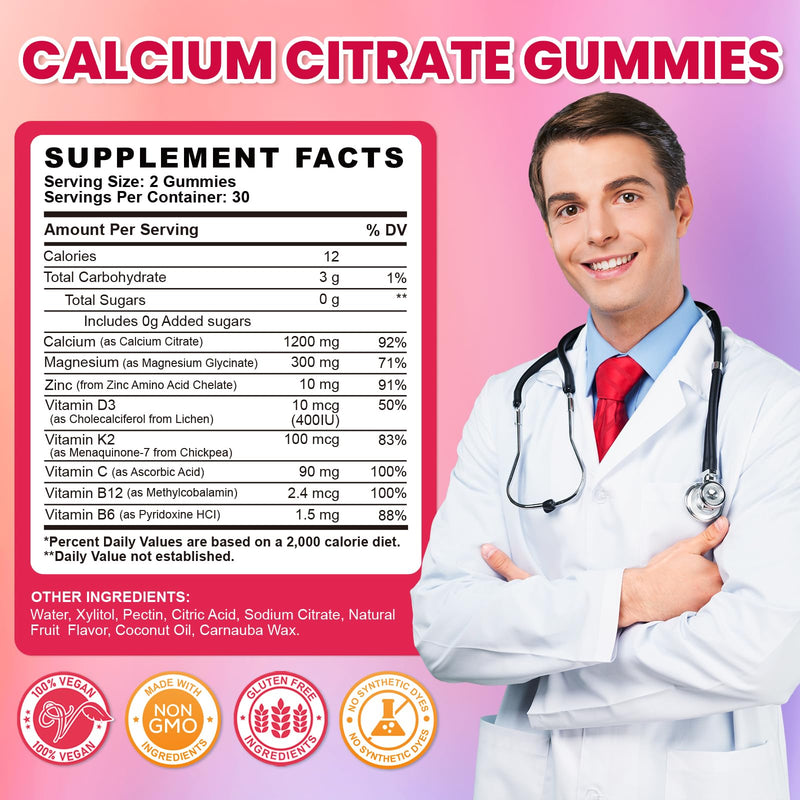 Calcium Citrate Gummies - 1200mg Calcium Gummies Supplements for Women & Men with Vitamin D3, K2, Magnesium, Zinc High Absorption for Bone, Muscle & Immune Support, Fruit Flavor, 120 Count Mixed Fruit 60 Count (Pack of 2)