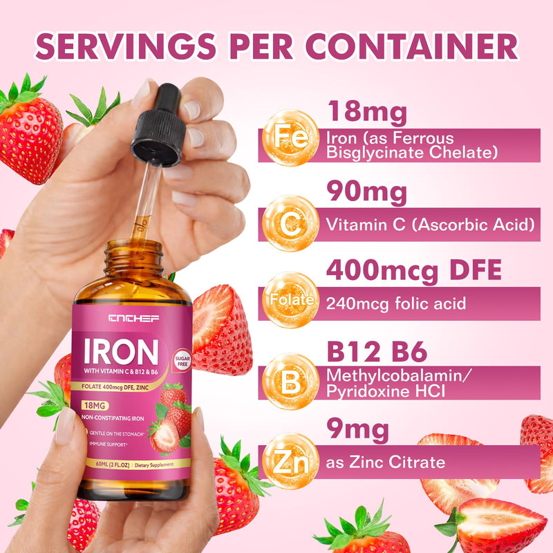 2 Pack Liquid Iron Supplement for Women & Men 18mg with Vitamin C, B12, B6, Folate & Zinc | High Absorption Ferrous Bisglycinate Chelate, Natural Strawberry Flavor, Sugar-Free, Anemia & Energy Support 2 Fl Oz (Pack of 2)