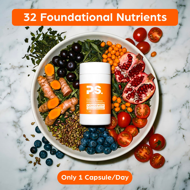 PS Longevity Methylated Multivitamin, B Vitamins & CoQ10, 60 Day Starter | 3rd party tested, 27 nutrients for cellular health, energy & memory for men & women, gluten free, vegan, non-GMO, no plastic 60-Day Starter