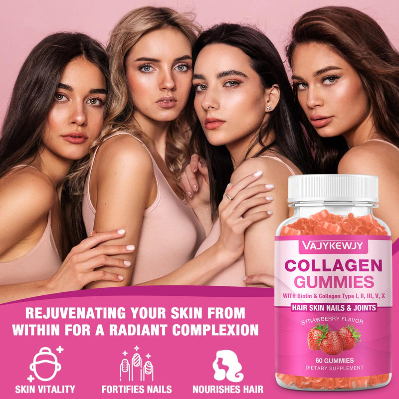 2-Pack Collagen Gummies for Women & Men - with Biotin, Vitamin C, & Zinc for Skin Radiance, Hair Growth, Strong Nails, & Joint Support, 120 Count 2pack