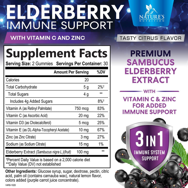Elderberry Immune Support Gummies - 3X Strength Black Elderberry Gummy with Vitamin C, D3 and Zinc for Kids & Adults - Immune Health Support Supplement Gummy, Black Elder Berry Vitamins - 60 Gummies 60 Count (Pack of 1)