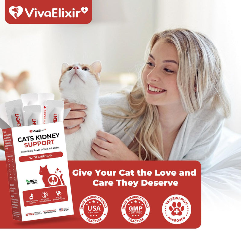 Cat Kidney Support Chitosan & L-Lysine – Boosts Kidney Health & Function, Promotes Toxin Removal, Restores Kidney Function, Enhances Vitality – Natural Ingredients for Cats – 30 Tubes