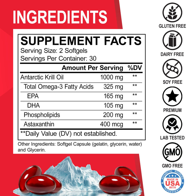 Krill Oil Omega 3 500mg - Antarctic Krill Oil 1000mg Softgels Capsules EPA, DHA, Astaxanthin, Phospholipids - Omega 3 Fatty Acids Supplements, Natural Pure Supplements for Women & Men - 60 Softgels