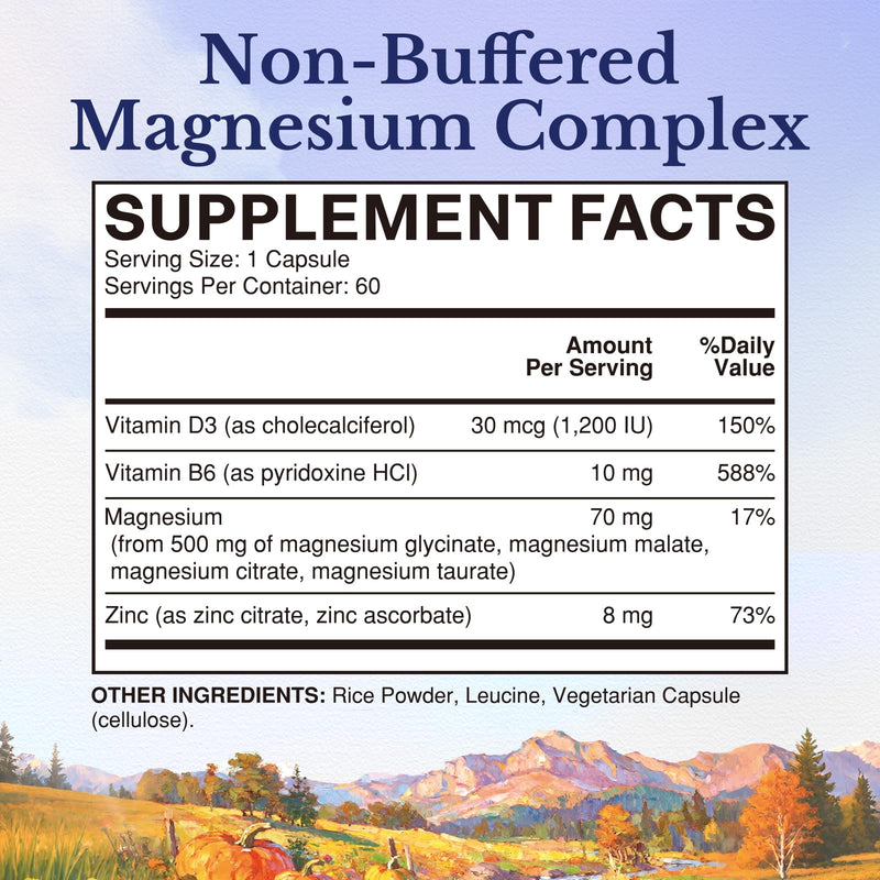 Vitalitown Magnesium Zinc, with Vitamins D3 & B6, Chelated Magnesium Glycinate, Malate, Citrate, Taurate, High Absorption, for Sleep, Bone, Heart, Immune, Digestive Support, 60 Caps