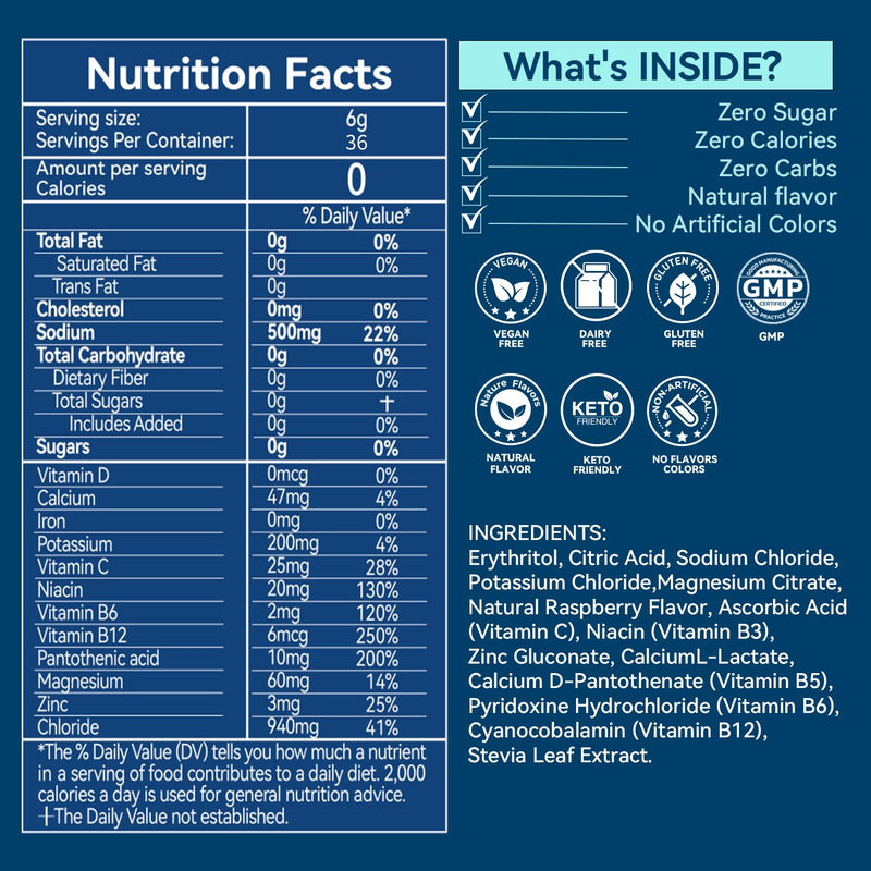 Electrolytes Powder Packets - Sugar Free & Zero Calorie Liquid Daily Drink Mix - Instant Hydration & Energy Supplement with 6 Electrolytes and 5 Vitamins, Keto Friendly & Vegan - 36 Sticks Strawberry Raspberry 7.62 Ounce (Pack of 1)