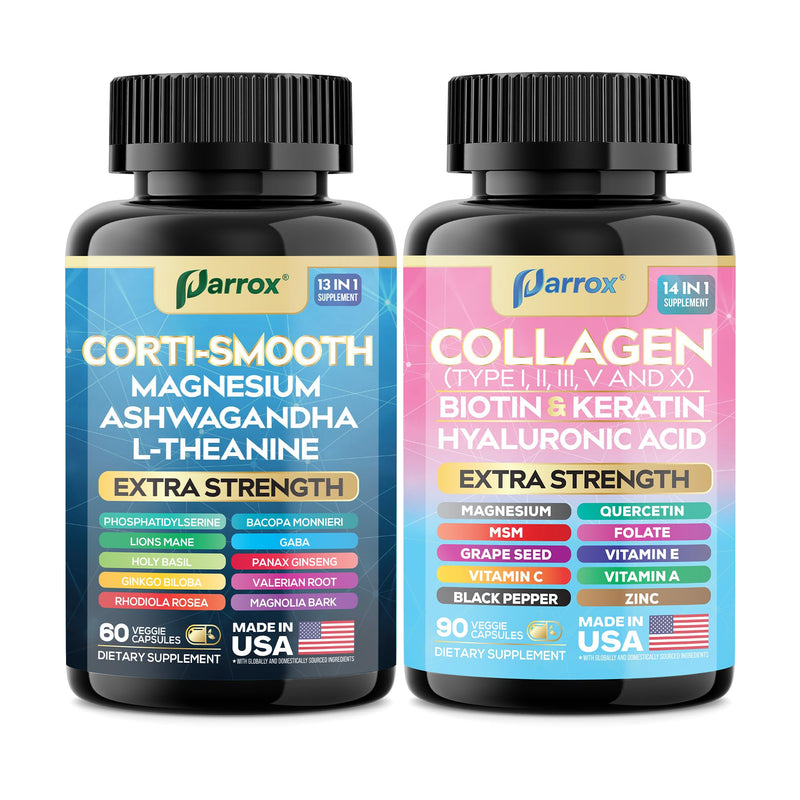 Cortisol & Collagen Bundle, Ashwagandha, Shining Serenity Set, 2 Pack | Ashwagandha, L-Theanine, Magnesium, Lions Mane, GABA, Bacopa, Collagen I-X, Folate, Biotin, Keratin 150 Count (Pack of 2)