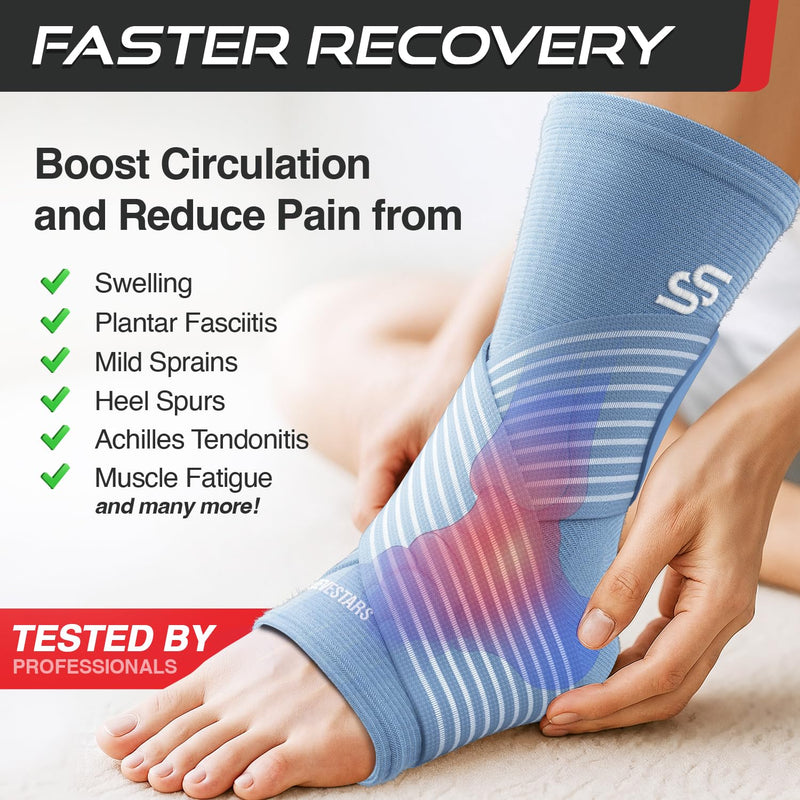 Sleeve Stars Ankle Brace for Women & Men, Ankle Wrap for Sprain, Compression Sleeve for Plantar Fasciitis Relief, Easy Customizable Support: w/ Removable Strap (Single/M:10"-12"/Light Blue) Medium Light Blue 1