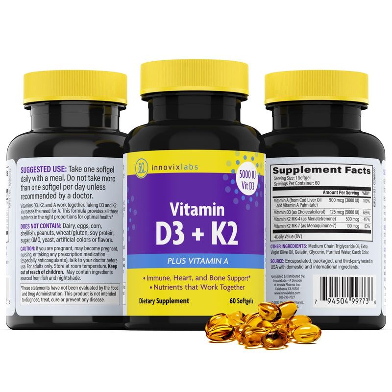 InnovixLabs D3 K2 Vitamin 5000 IU Supplement with Vitamin A (60 Softgels) (Pack of 2) 60 Count (Pack of 2)