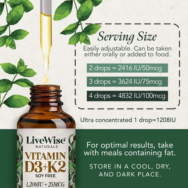 Live Wise Naturals Vitamin D3 K2 Drops for Adults, Ultra Concentrated | 930 Drops, 1208 IU Vitamin D3, 25 MCG (MK-7), Fast Absorption, Customizable Micro-Dosing Dropper for Calcium & Bone Support Adult D3+K2 1208IU No Flavor Added