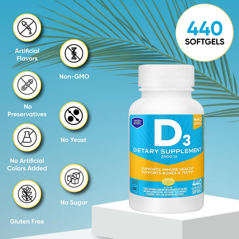 berkley jensen Vitamin D3 2000IU (50 mcg), Dietary Supplement for Teeth, Muscle, Immune Function, and Bone Health, for Men and Women, Made in USA, NSF Certified -440 Softgels, 440 Day Supply 440 Count (Pack of 1)
