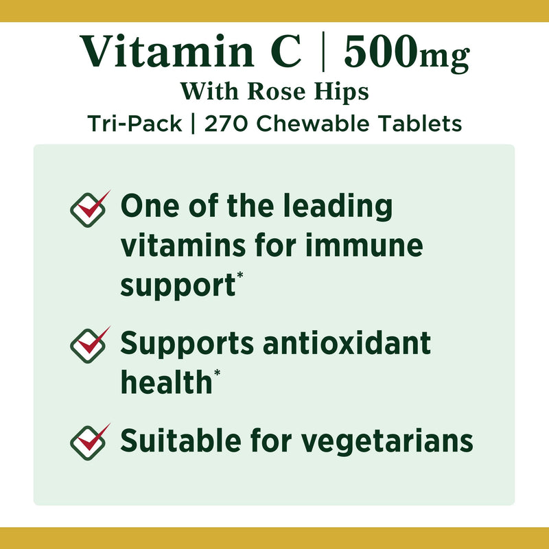 Nature's Bounty Vitamin C Supplement with Rose HIPS, Supports Immune Health, 500 mg Tablets, 500 mg, 90 Count, Pack of 3 90 Count (Pack of 3)