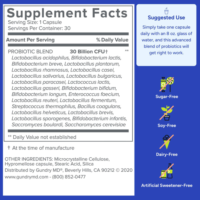 Gundry MD® 24 Strain Probiotic, 30 Billion CFU, 30 Capsules | Gut Health Support & Digestive Balance, Reduced Gas & Bloating, Lactobacillus and Bifidobacterium, 1 Daily Capsule