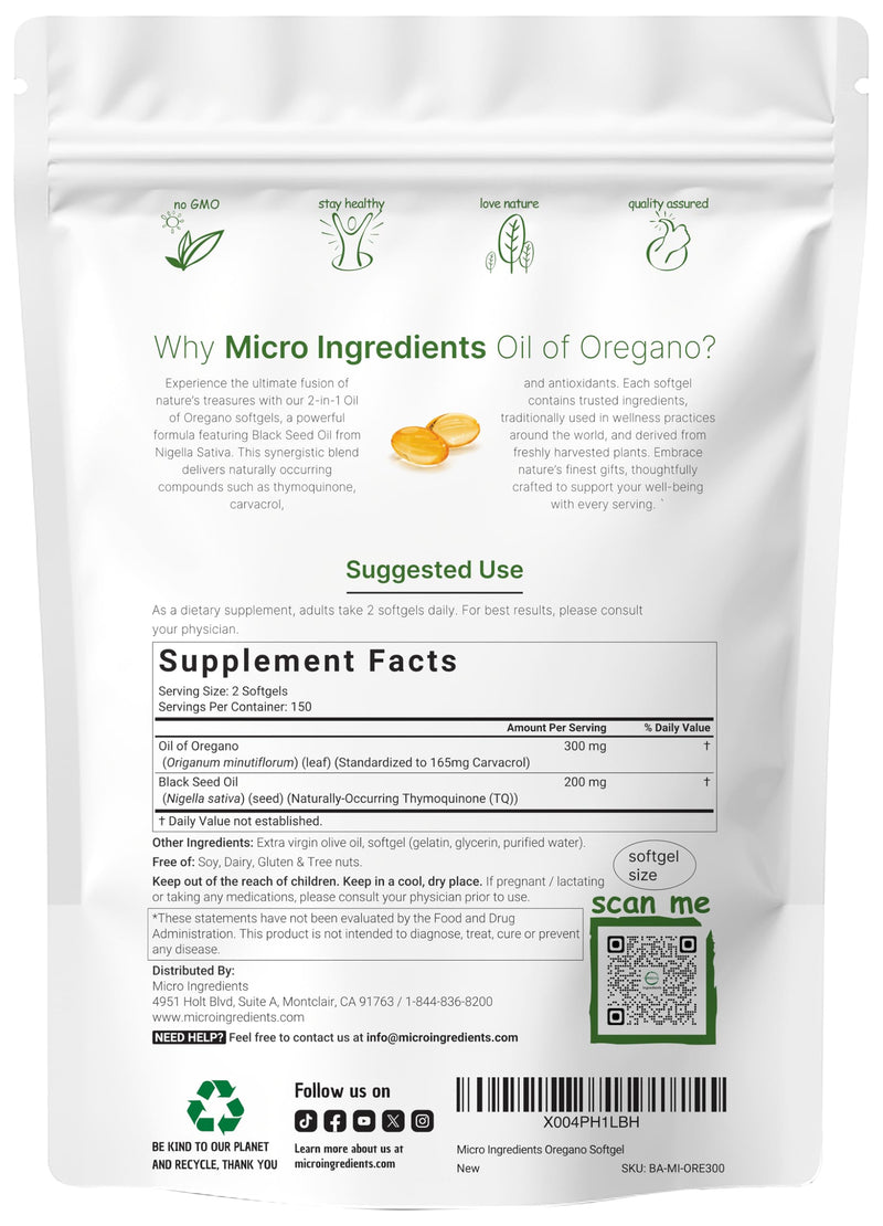 Micro Ingredients Oil of Oregano Softgels, 300 Count | 2 in 1 Formulated with Black Seed Oil, 4X Strength Carvacrol & Thymoquinone | Plant Based, Non-GMO, & Immune Support 300 Count (Pack of 1)