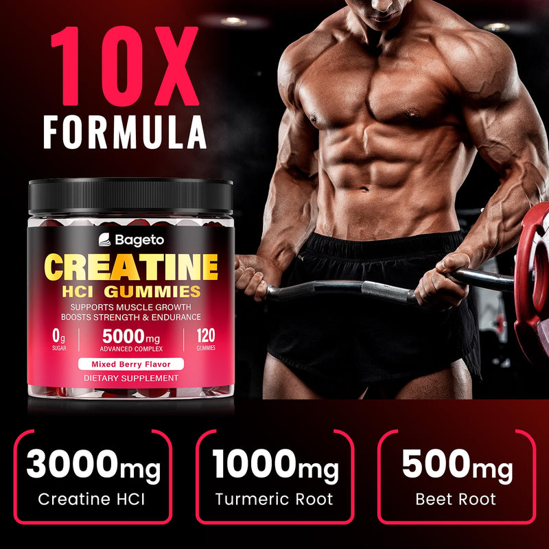 Bageto Creatine HCl Gummies Complex with 1g Turmeric & 500mg Electrolytes | 120 Ct with Beet Root & Vitamin B6, Sugar-Free 3000mg Creatine HCl Gummies for Women and Men, Post & Pre Workout , Vegan