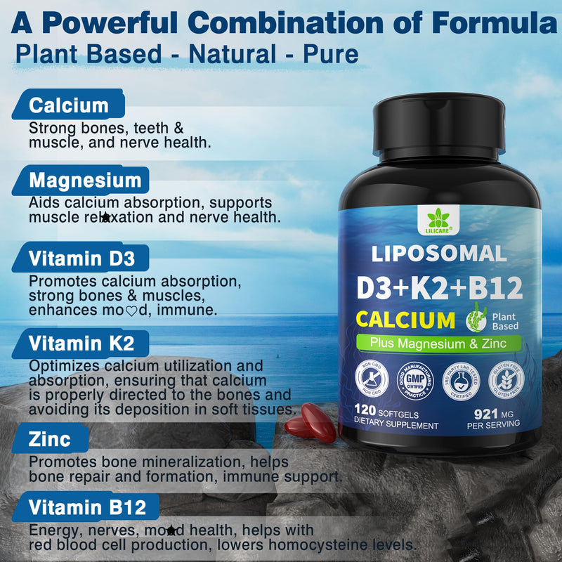 6-in-1 Liposomal Vitamin D3 K2 Calcium Supplement - Plant Based Calcium 600mg with Vegan Vitamin D3 5000 iu + Vitamin K K2 MK7 + B12, Algae Ca-lcium Magnesium Zinc for Bone, Softgels, 2 Pack 120 Count (Pack of 2)