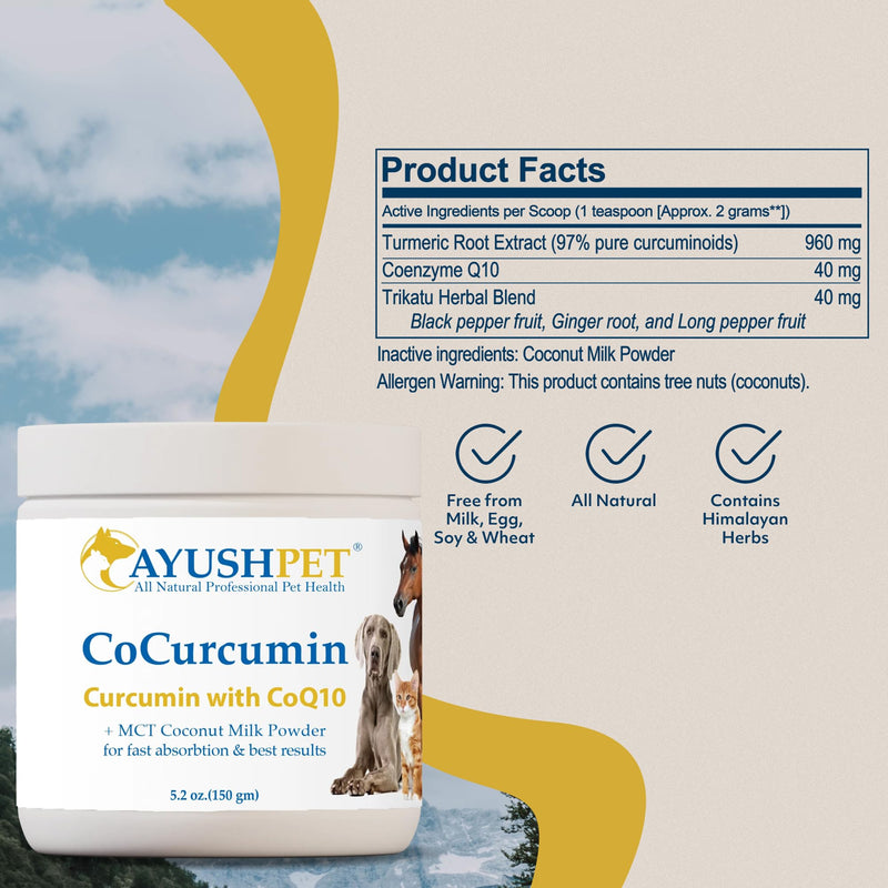 Ayush Herbs Ayush Pet CoCurcumin with Coq10, Muscle and Joint Pet Superfood Powder, Heart and Digestion Support, Small or Large Animals, Young and Senior Pet Supplement, 5.2 Ounces - PawsPlanet Australia