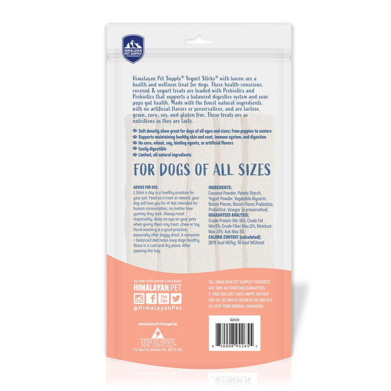 Himalayan Dog Chew Yogurt Sticks, Bacon Flavor, 5 Pieces, Pack of 4 | Prebiotic & Probiotic | Grain-Free | USA Made 4.8 Ounce (Pack of 4)