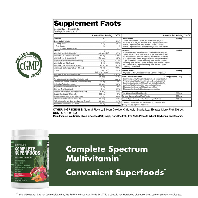 Complete Superfoods, Greens & Reds Blend*, Apple Cider Vinegar, Digestive Enzyme Blend*, Probiotic Blend*, Multivitamin* (Raspberry Pomegranate - 30 Servings)
