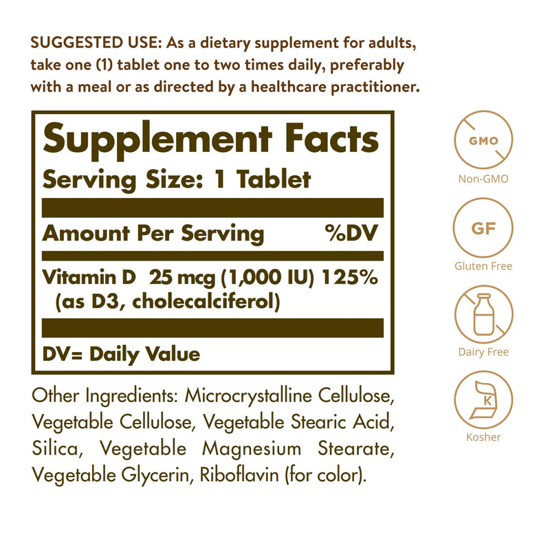 Solgar Vitamin D3 (Cholecalciferol) 25 MCG (1000 IU), 180 Servings | Helps Maintain Healthy Bones & Teeth - Immune System Support - Non-GMO, Gluten Free, Dairy Free, Kosher Unflavored 180 Count (Pack of 1)