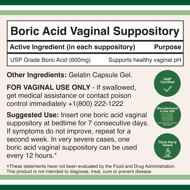 Boric Acid Suppositories (600mg Vaginal Suppository, 60 Count) Supports Vaginal pH Balance, Odor Control (USP Medical Grade Fine Powder, Easy Dissolve, Third Party Tested) by Double Wood - BeesActive Australia