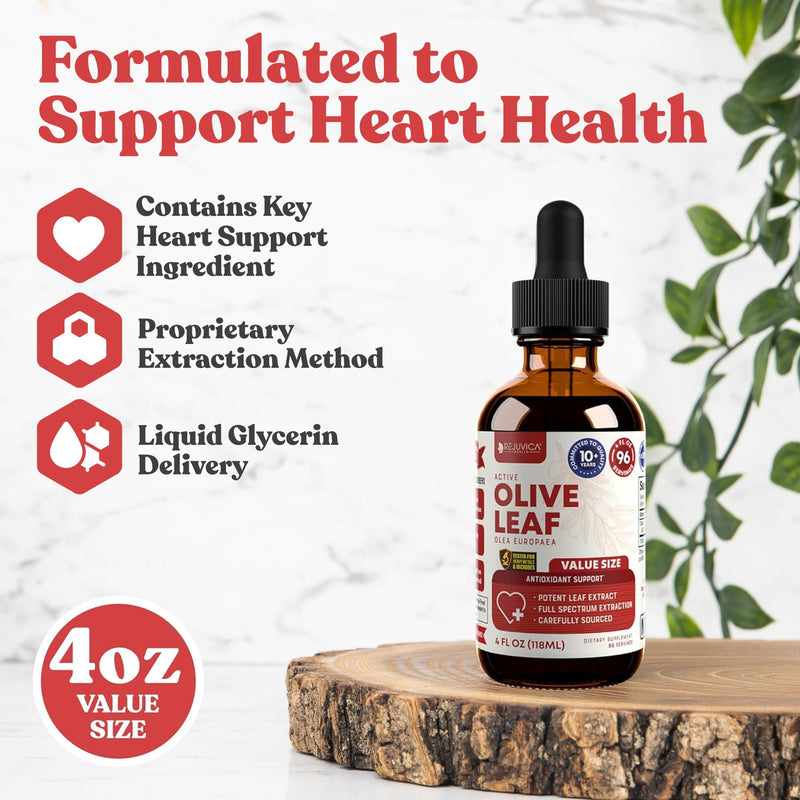 Rejuvica Health Active Olive Leaf 4oz XL Super Size Tincture - Advanced Olive Leaf Liquid Extract - Naturally Occurring Oleuropein - Immune & Heart Support Drops 4 Fl Oz (Pack of 1) - BeesActive Australia
