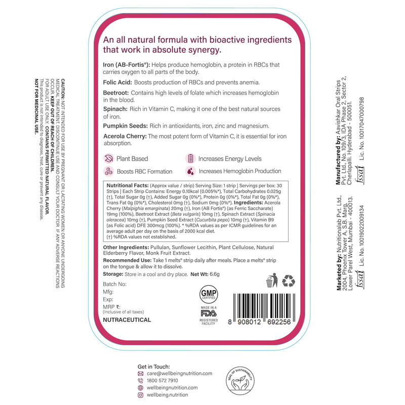 WELLBEING NUTRITION Melts Nano Iron | Plant Based Iron, Beetroot, Swiss Chard, Pumpkin Seeds, Vitamin C and Folate for Improved Hemoglobin, Oxygen Binding Capacity & Blood Building (30 Oral Strips)