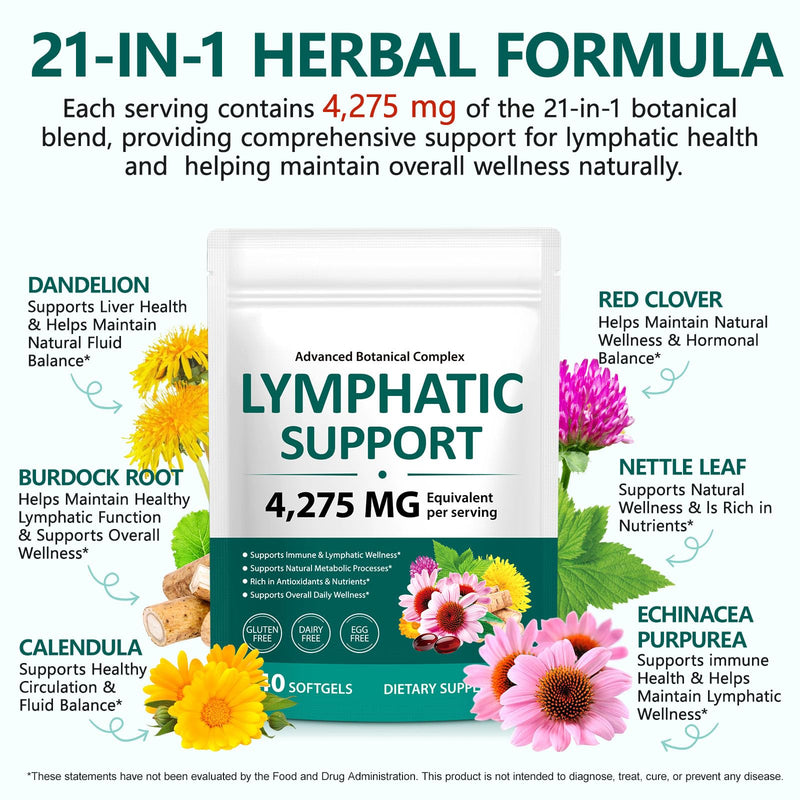 Lymphatic Drainage Supplements, 4275mg Herbal Blend for Immune and Fluid Health for Men Women,with Dandelion, Burdock Root, Echinacea, Turmeric,240 Softgels for Lymph System Balance (Pack of 2) 480 Count (Pack of 1)