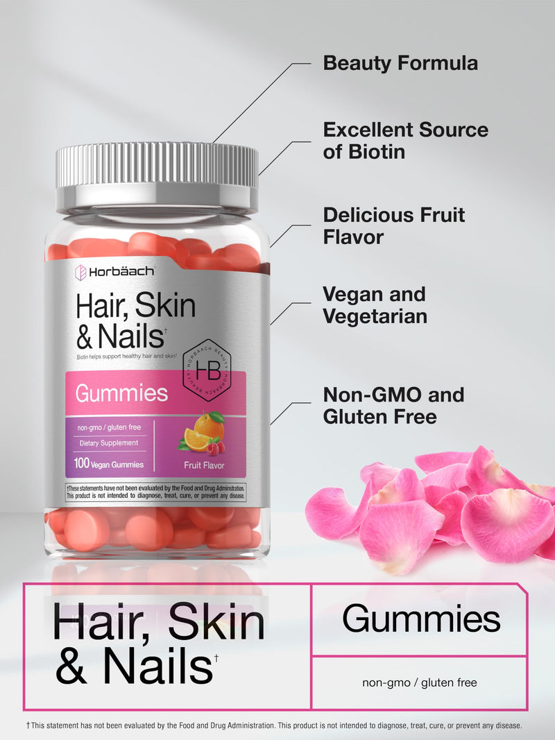 Horbäach Hair Skin and Nails Gummies | 100 Count | with Biotin | Fruit Flavored Vitamins | Non-GMO, Gluten Free Supplement 100 Count (Pack of 1)