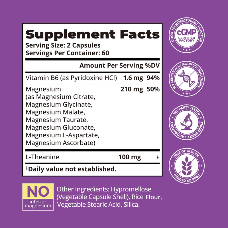 7-in-1 Magnesium Complex for Women for Sleep, 120 Vegan Capsules | With Magnesium Glycinate & L-Theanine & Vitamin B6 to Support Stress Relief & Cortisol Balance Support, Non-GMO, Gluten Free 120 Count (Pack of 1)
