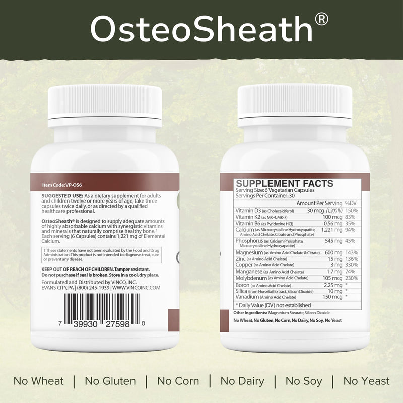 Vinco Inc - OsteoSheath® Enhanced Bone Support & Dietary Daily Supplement | (180 Capsules) | Supports Healthy Bone Density | Calcium, Vitamins K2/B6/D3 & Minerals | Gluten Free