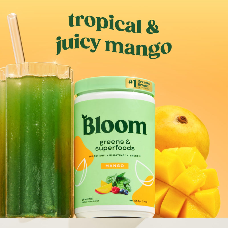 Bloom Nutrition Superfood Greens Powder, Mango, 25 Servings | Digestive Enzymes with Probiotics and Prebiotics, Gut Health, Bloating Relief for Women, Chlorella, Green Juice Mix 25 Servings (Pack of 1)