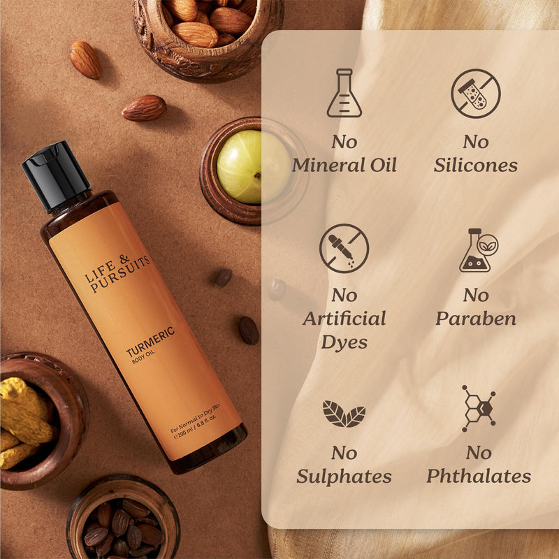 Life & Pursuits Turmeric Body Oil for Dry Skin 6.8 Fl Oz | Lightweight Daily Body Oil with Turmeric, Squalane & Vitamin E | Deeply Nourishes, Softens & Moisturizes | Fast-Absorbing Body Massage Oil 6.76 Fl Oz (Pack of 1)