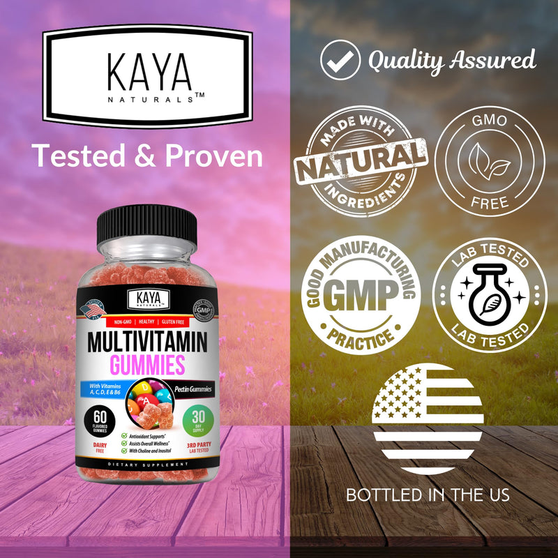 Kaya Naturals Adult Multi Vitamin Gummy, Biotin, Vitamin A, C & E, Including Zinc &Vitamin B-12, Folic Acid, Strawberry Flavor | Gluten-Free multivitamins Sweet Adult Gummies - 60 Gummies 60 Count (Pack of 1)