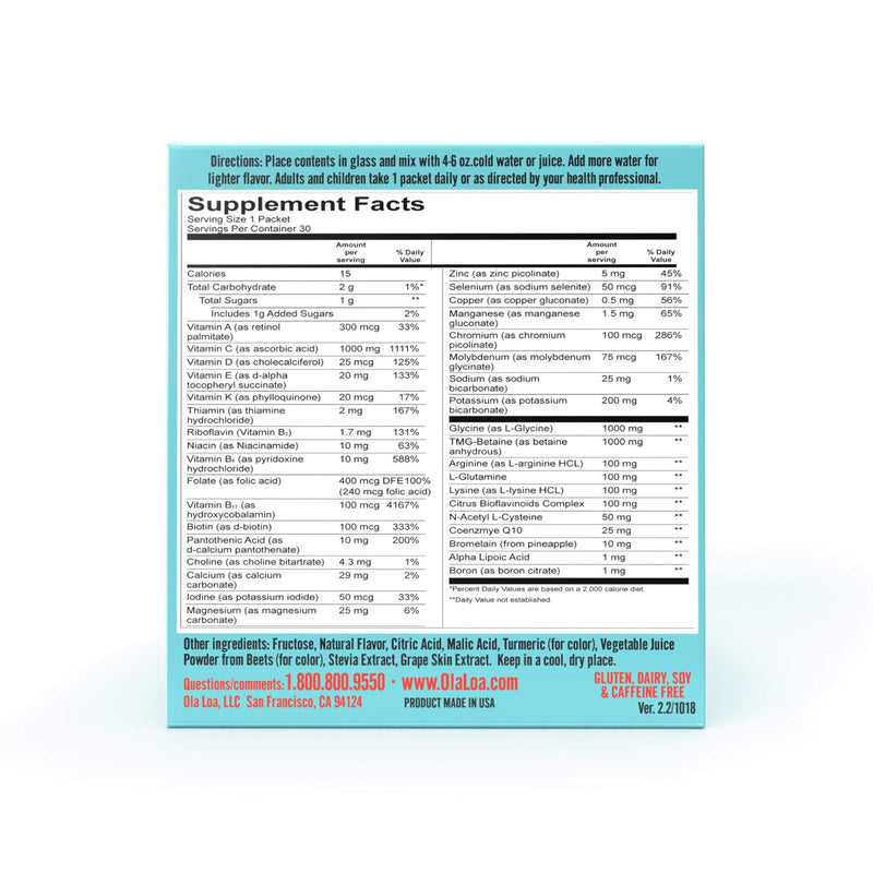Ola Loa Energy Tropical Multi Vitamin Drink Mix - Amino Energy Powder, Gluten Free, Detox, Dairy Free, Caffeine Free - Drink Your Vitamins for the Rigors of Daily Life - 30 Packets (8.25oz)