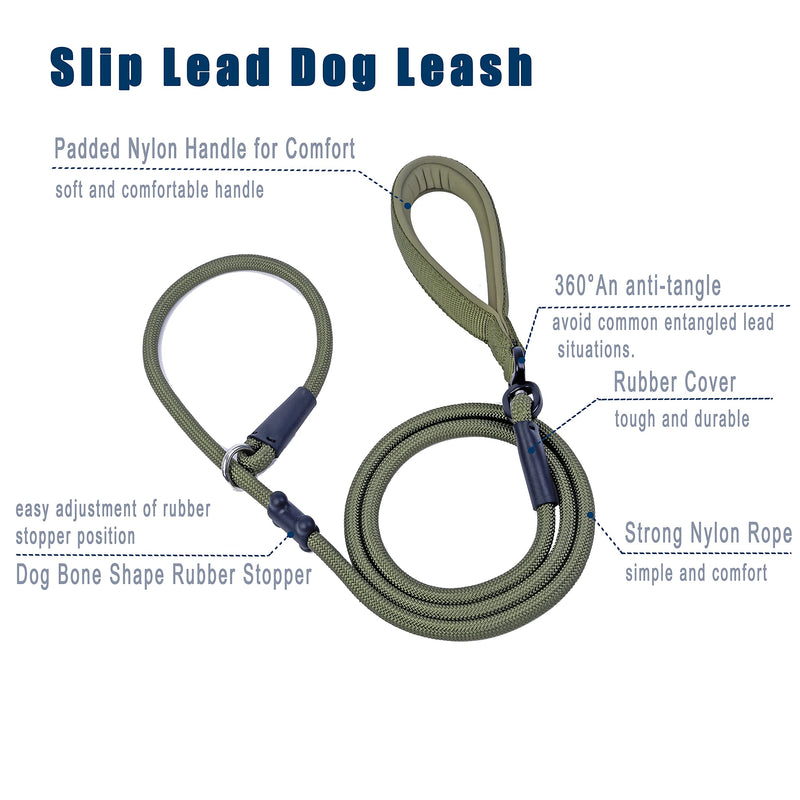 Slip Lead Dog Leash(6ft)，Strong Nylon Rope Leash Anti-Choking Anti-Pull and Outdoor Walking Training Lead for Small Medium Large Dogs (Army Green, 1/2"×6ft) Army Green - BeesActive Australia