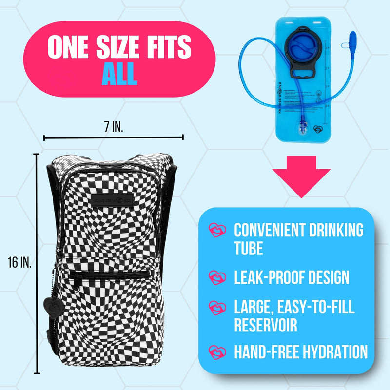 Kandies World Reflective Festival Hydration Pack - 2L Water Bladder for Raves, Hiking, Biking, Running, and More (with Anti-Theft Pocket) Checkered - BeesActive Australia