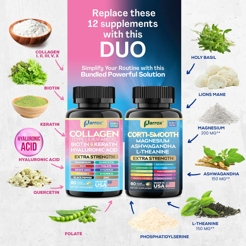 Cortisol & Collagen Bundle, Ashwagandha, Shining Serenity Set, 2 Pack | Ashwagandha, L-Theanine, Magnesium, Lions Mane, GABA, Bacopa, Collagen I-X, Folate, Biotin, Keratin 150 Count (Pack of 2)