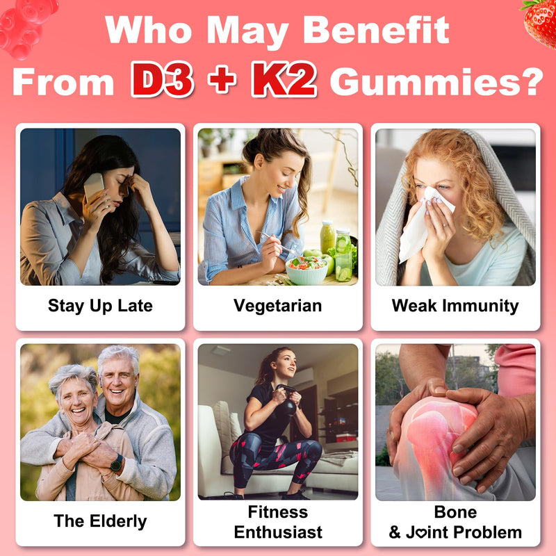 Sugar Free Vitamin D3 K2 Supplement Gummies for Women & Men | Vitamin D Gummies with 7 Essential Vitamins - Supports Bone, Muscle, Teeth & Immune - Vegan, Strawberry Flavor, 60 Count 60 Count (Pack of 1)